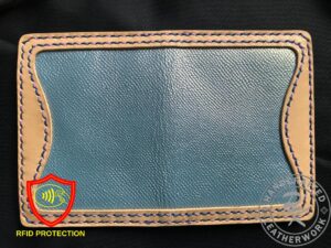 Cora RFID protected wallet in natural Brown with Blue-Violet rainbow insert and dual colour stitching