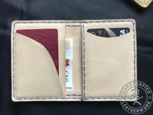 Cora RFID protected wallet in natural Brown with Blue-Violet rainbow insert and dual colour stitching