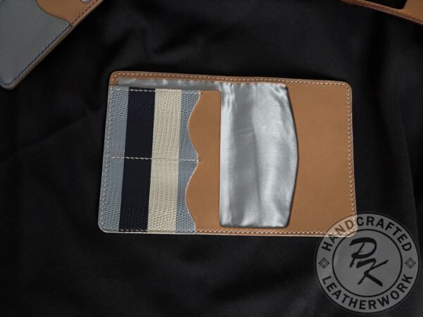 Poppy RFID protected passport wallet in Black, White and Blue stripes with reptile print